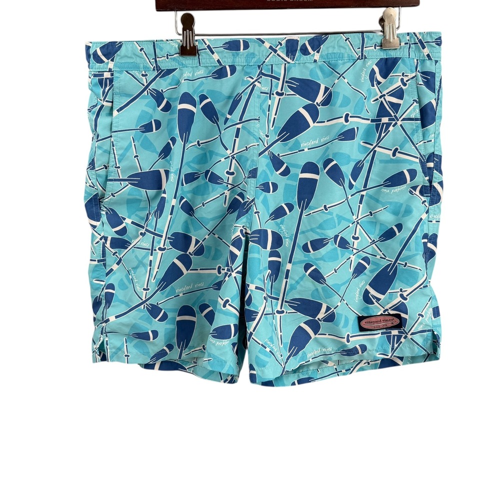 Vineyard Vines Swim Trunks Medium Blue Oar Print Mesh Lined Preppy Resortwear